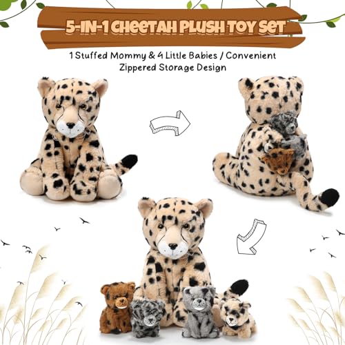 Silipull 5 Pcs Cheetah Stuffed Animals Set Large Mommy Cheetah Plush with 4 Soft Cuddly Baby Cubs in Her Tummy for Boys Girls Birthday Graduation Gifts Forest Party Decors(Sitting Style) - Image 3