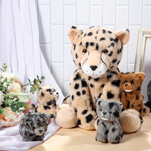 Silipull 5 Pcs Cheetah Stuffed Animals Set Large Mommy Cheetah Plush with 4 Soft Cuddly Baby Cubs in Her Tummy for Boys Girls Birthday Graduation Gifts Forest Party Decors(Sitting Style) - Image 4