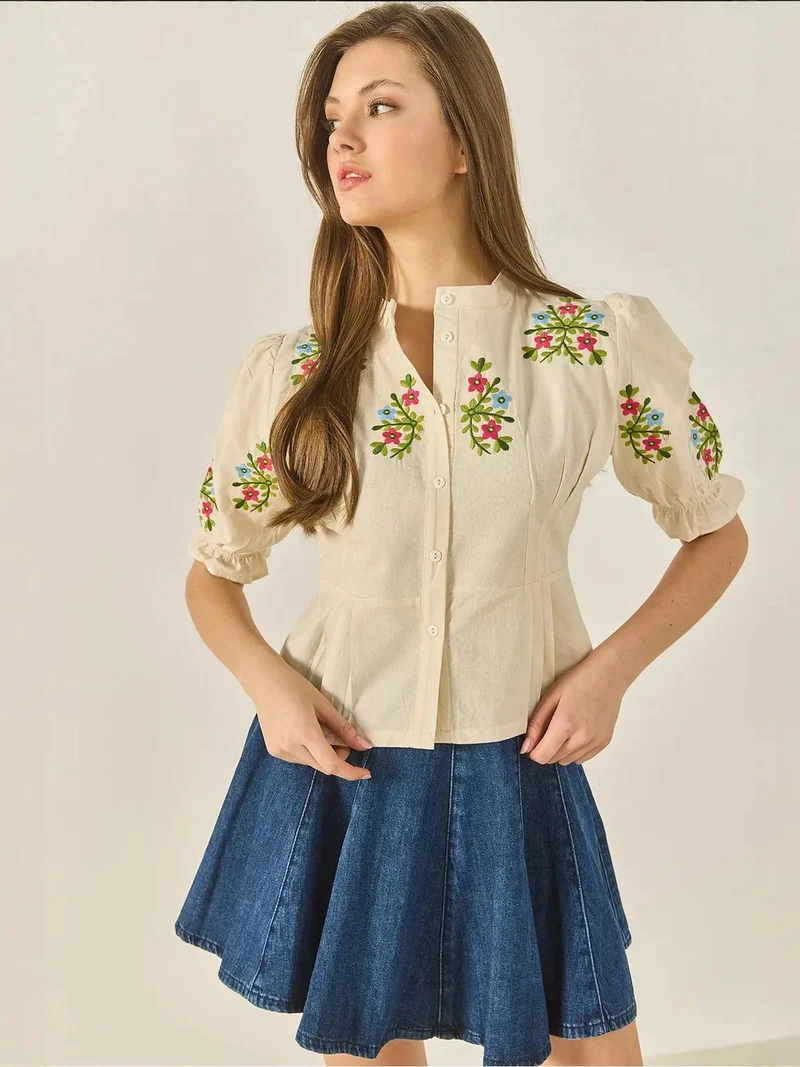 Bianco Lucci LUCCI Embroidered Cotton Poplin Shirt with Elastic Closure