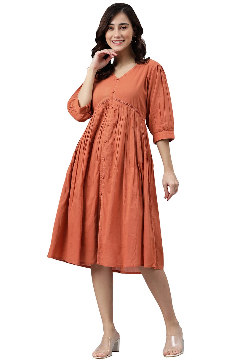 Janasya Women's Coral Orange Cotton Solid Flared Dress(J0414-DR-XS) - Image 1