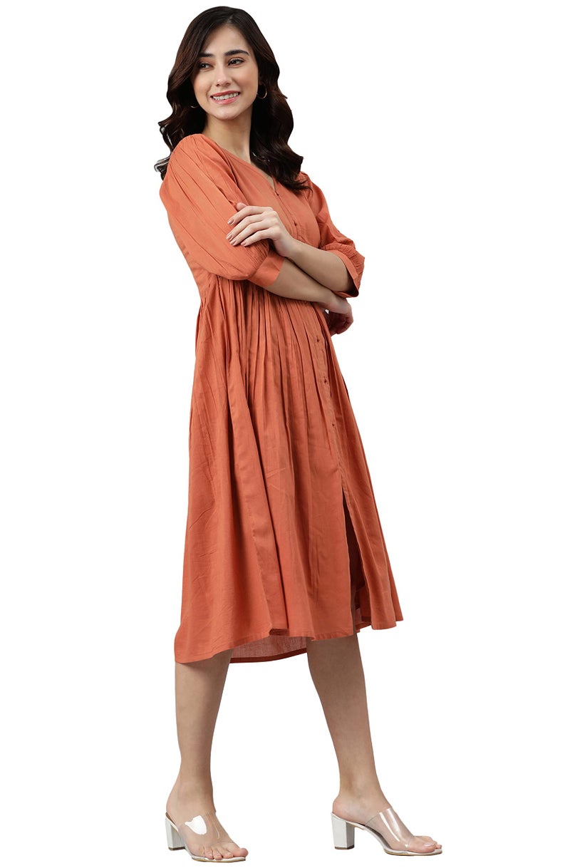 Janasya Women's Coral Orange Cotton Solid Flared Dress(J0414-DR-XS) - Image 2