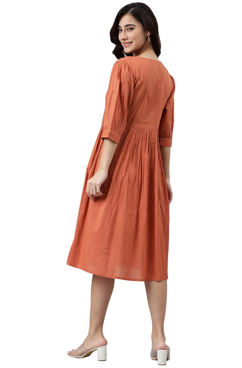 Janasya Women's Coral Orange Cotton Solid Flared Dress(J0414-DR-XS) - Image 4