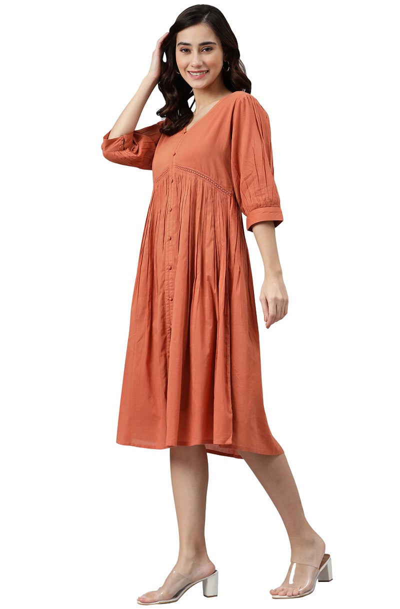 Janasya Women's Coral Orange Cotton Solid Flared Dress(J0414-DR-XS) - Image 3