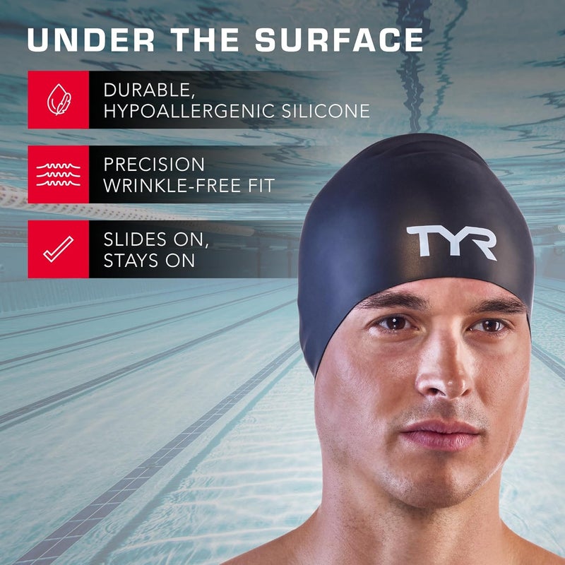 TYR Adult Wrinkle Free Silicone Swim Cap for Drag Reduction and Hair Protection - Image 3