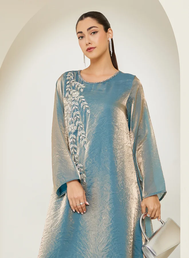 Amirah Teal Shiny Embroidered A-Line Jalabiya