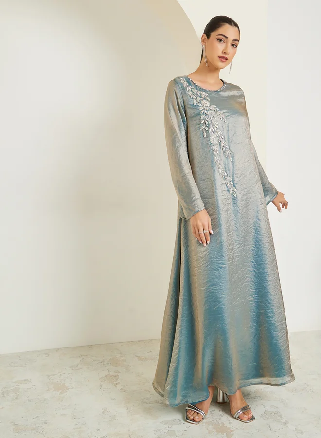 Amirah  Teal Shiny Embroidered A-Line Jalabiya for Women | Best Price UAE