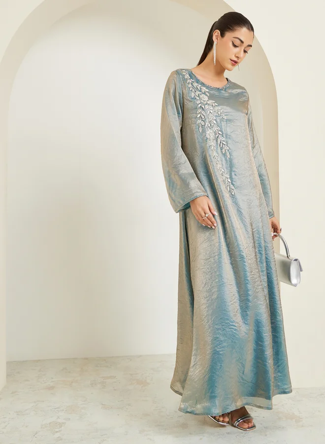 Amirah Teal Shiny Embroidered A-Line Jalabiya