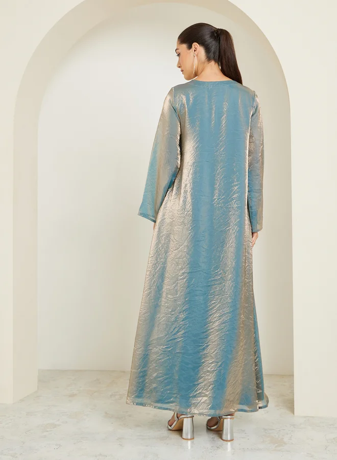 Amirah  Teal Shiny Embroidered A-Line Jalabiya for Women | Best Price UAE