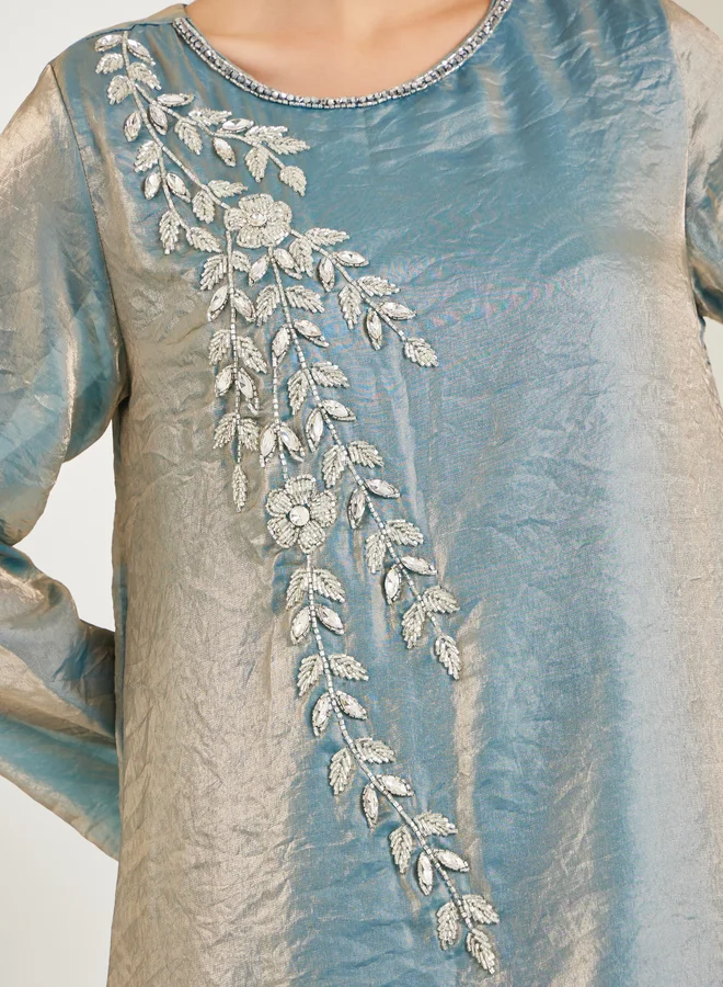 Amirah  Teal Shiny Embroidered A-Line Jalabiya for Women | Best Price UAE