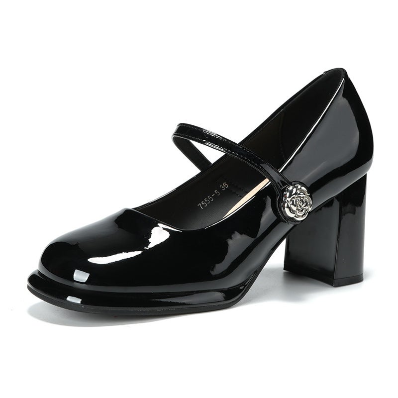 Pumps Square Toe Block Heels Buckle Patent Leather Casual Cream Women's Shoes - Image 1
