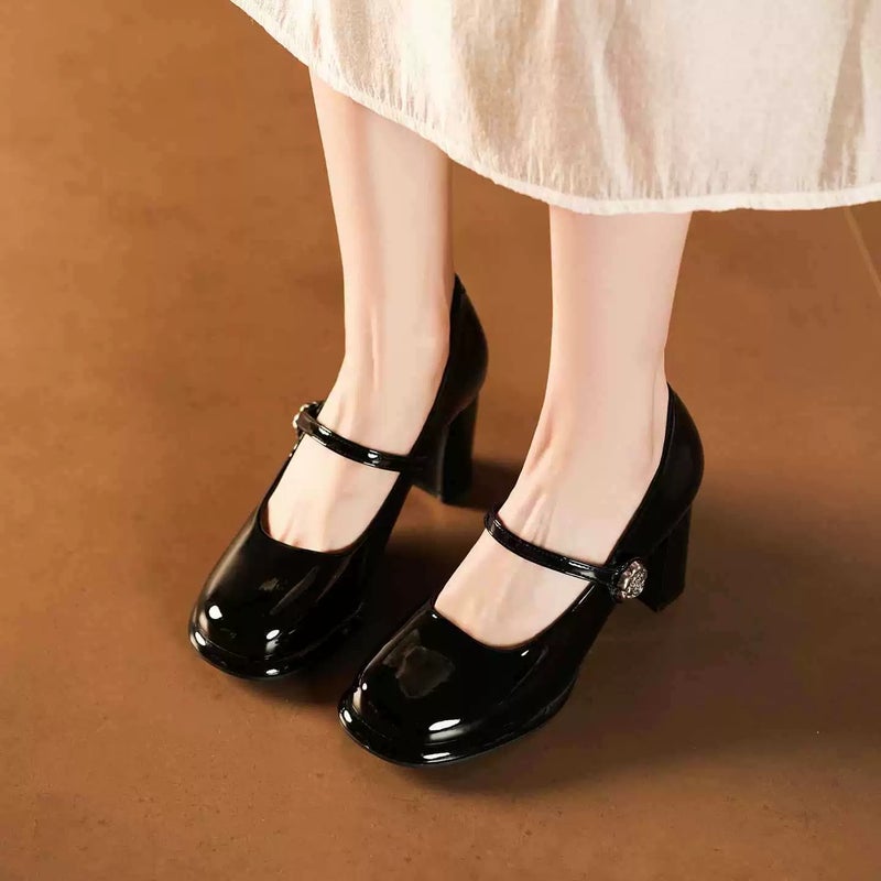 Pumps Square Toe Block Heels Buckle Patent Leather Casual Cream Women's Shoes - Image 5