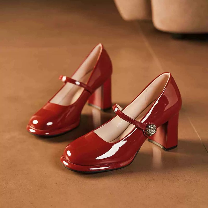 Pumps Square Toe Block Heels Buckle Patent Leather Casual Cream Women's Shoes - Image 3