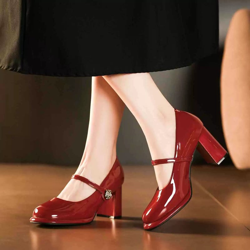 Pumps Square Toe Block Heels Buckle Patent Leather Casual Cream Women's Shoes - Image 2