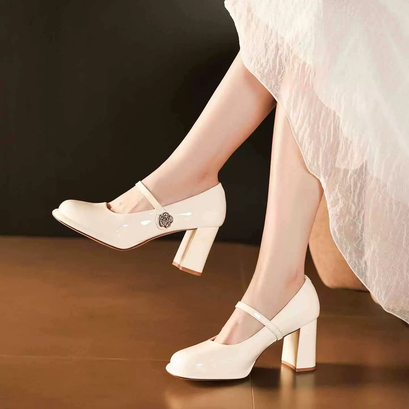Pumps Square Toe Block Heels Buckle Patent Leather Casual Cream Women's Shoes - Image 4