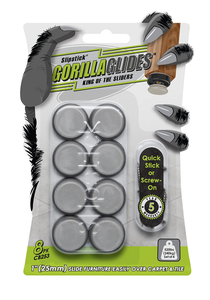 Slipstick GorillaGlides CB253 1 Inch Chair Sliders/Furniture Glide Floor Protectors (Set of 8 Glides) Self-Adhesive Screw-On Glides, for Sliding on Hard Surface Floors and Low-Pile Carpet, Round - Image 1