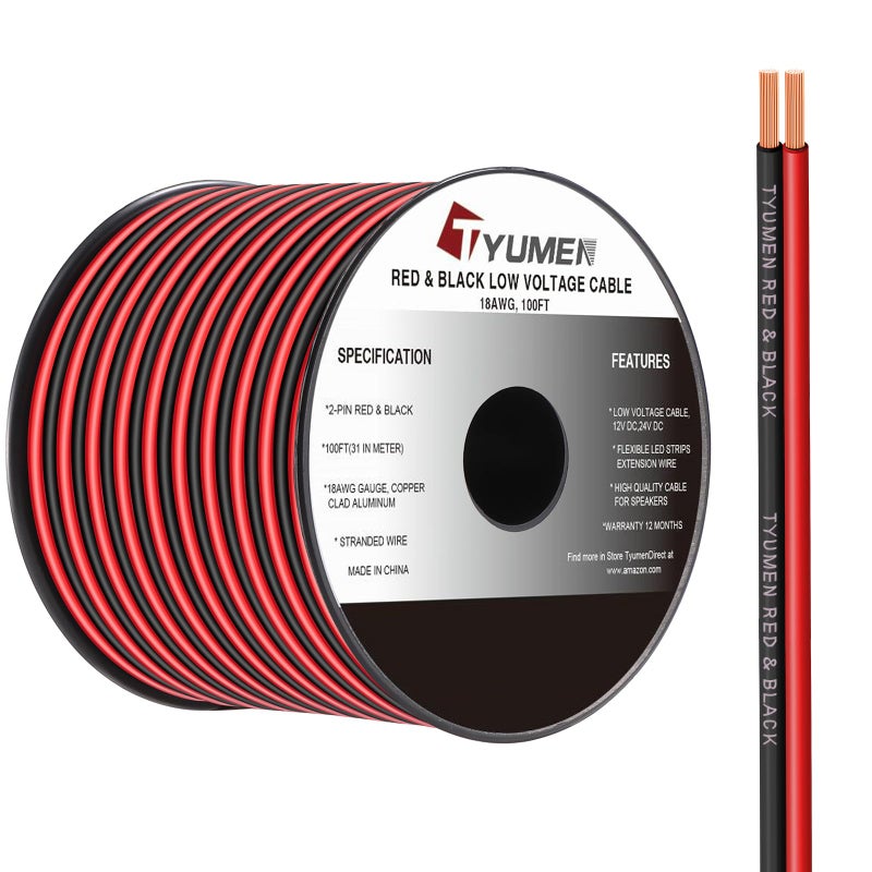 TYUMEN 18 Gauge Wire 100FT, 18/2 AWG Red Black Hookup Electrical Wire LED Strips Extension Cord 12V/24V DC Cable, 18AWG 2 Conductors Flexible Wire for LED Ribbon Lamp Tape Lighting - Image 1