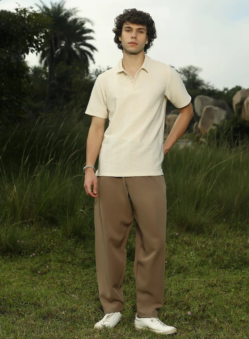 Campus Sutra Men's Banana Yellow Flatten-Ruched Polo T-Shirt