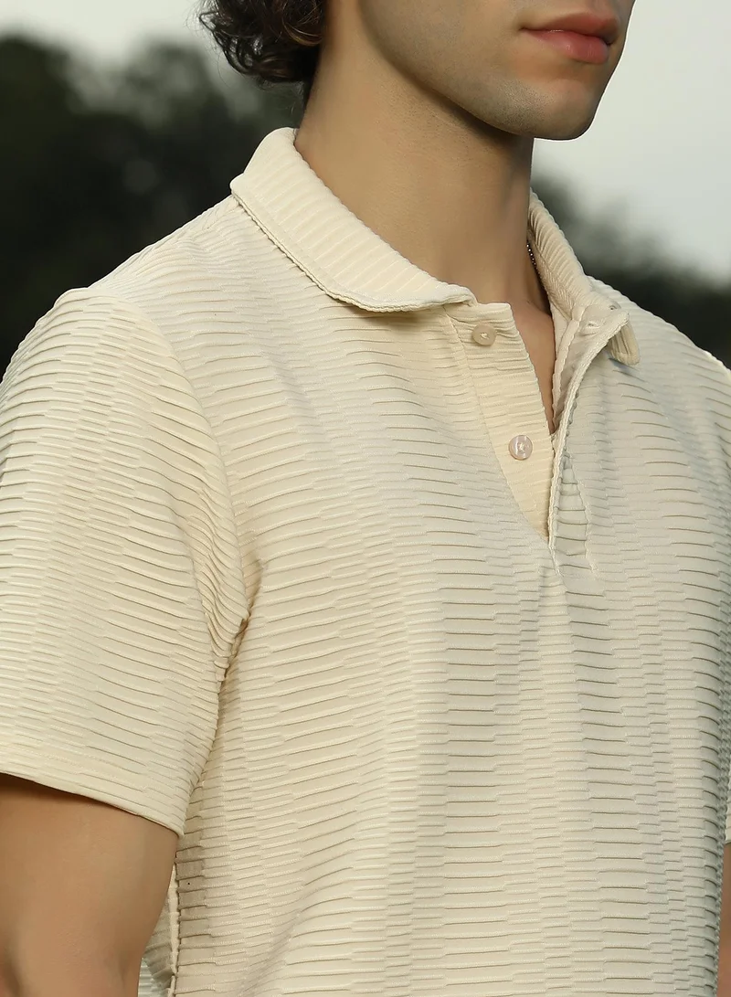 Campus Sutra Men's Banana Yellow Flatten-Ruched Polo T-Shirt