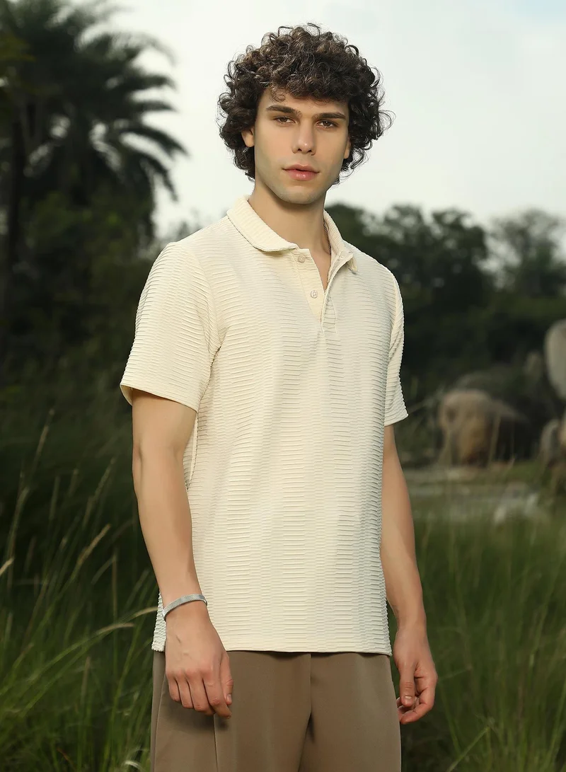 Campus Sutra Men's Banana Yellow Flatten-Ruched Polo T-Shirt