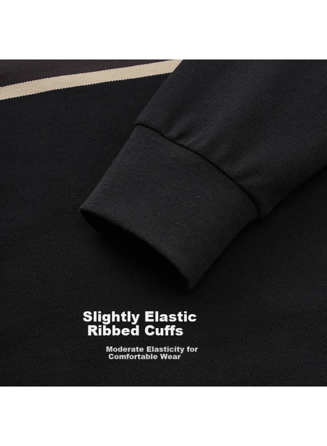 DANCING WOLVES Dancing With Wolves [100% Long Staple Cotton] Autumn Winter Commuter Colorblock Stripe Men's Long Sleeve Polo Shirt 001 Black S - Image 2