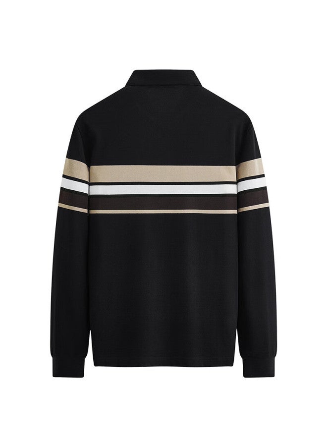 DANCING WOLVES Dancing With Wolves [100% Long Staple Cotton] Autumn Winter Commuter Colorblock Stripe Men's Long Sleeve Polo Shirt 001 Black S - Image 1