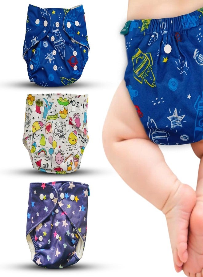 Toddlory Premium Reusable Cloth Diapers with inserts (Soakers) | Up to 5 hours of trusted leak protection with advanced 4-layer technology - designed to keep your baby’s skin healthy and happy | Unisex designs, Suitable for all babies from 0 to 3 years or 2.5 to 15 kgs | Rash-Free Softness | Grow-With-Me Fit | All day Comfort for the Little Explorers | Pack of 3 (3 diapers & 3 inserts) | Combo Style:Little stars + Good Dreams + Blue Space, 0 to 3 years - Image 1