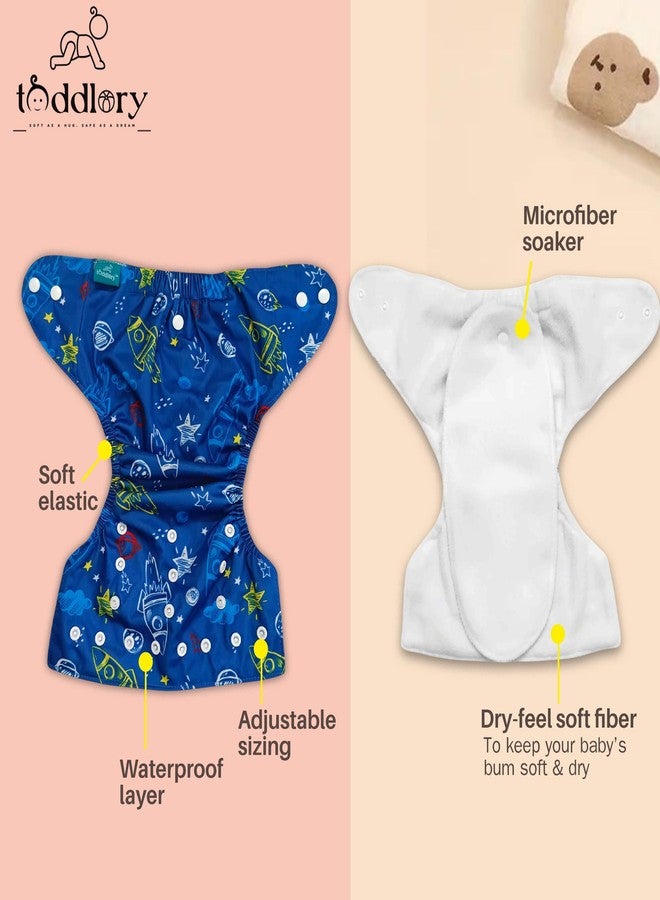 Toddlory Premium Reusable Cloth Diapers with inserts (Soakers) | Up to 5 hours of trusted leak protection with advanced 4-layer technology - designed to keep your baby’s skin healthy and happy | Unisex designs, Suitable for all babies from 0 to 3 years or 2.5 to 15 kgs | Rash-Free Softness | Grow-With-Me Fit | All day Comfort for the Little Explorers | Pack of 3 (3 diapers & 3 inserts) | Combo Style:Little stars + Good Dreams + Blue Space, 0 to 3 years - Image 3