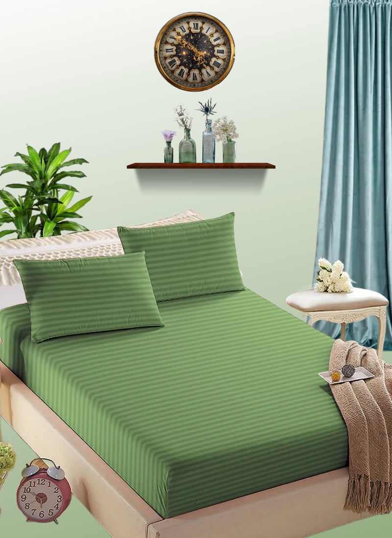Blueberry Faded Green Cotton Queen Striped Fitted Elastic Bedsheet Sets 180x200+20cm - Image 1
