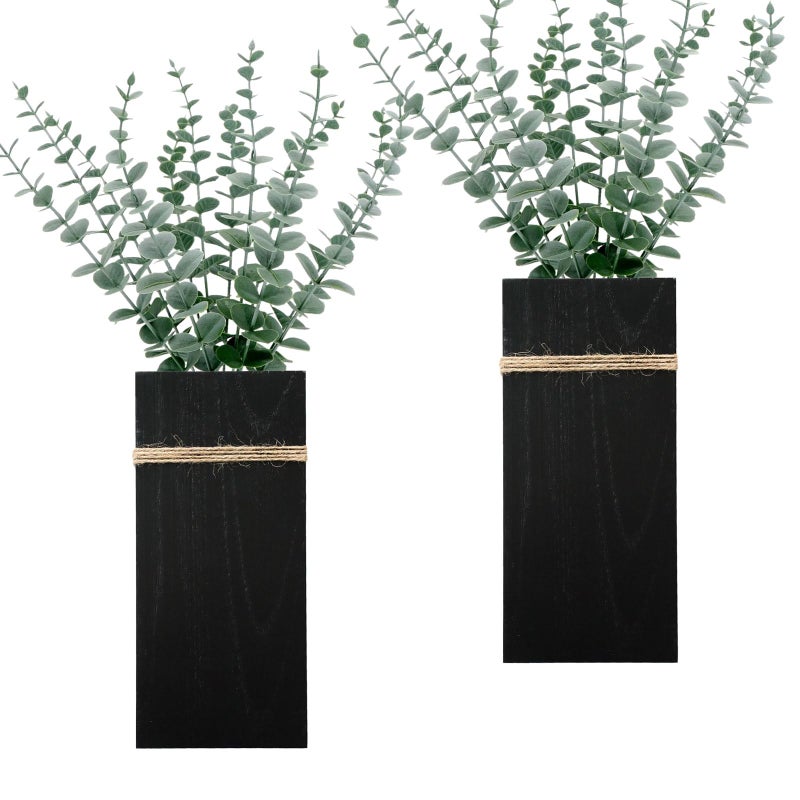 TYLCC Wall Planters for Indoor Plants - 2 Pack Wood Wall Vases for Dried Flowers & Artificial Plants Modern Farmhouse Wooden Vase for Living Room Bedroom Kitchen Decorations - Black Large - Image 1