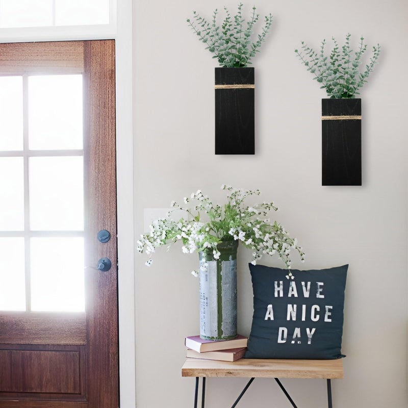 TYLCC Wall Planters for Indoor Plants - 2 Pack Wood Wall Vases for Dried Flowers & Artificial Plants Modern Farmhouse Wooden Vase for Living Room Bedroom Kitchen Decorations - Black Large - Image 3