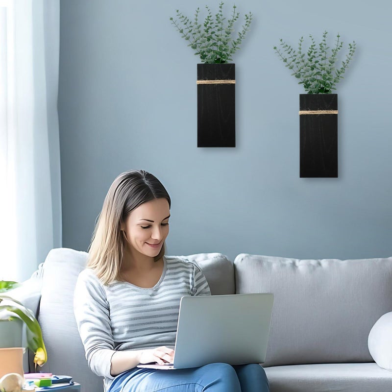 TYLCC Wall Planters for Indoor Plants - 2 Pack Wood Wall Vases for Dried Flowers & Artificial Plants Modern Farmhouse Wooden Vase for Living Room Bedroom Kitchen Decorations - Black Large - Image 2