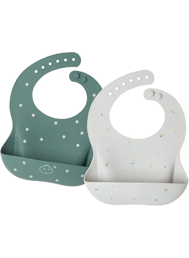 Little Dimsum Baby Bibs 2Pcs Silicone Baby Feeding Bibs Easily Adjustable And Wipe Clean Soft Waterproof Weaning Bibs Perfect Food Crumb Catcher For Babies & Toddlers (Flower Sets) - Image 1
