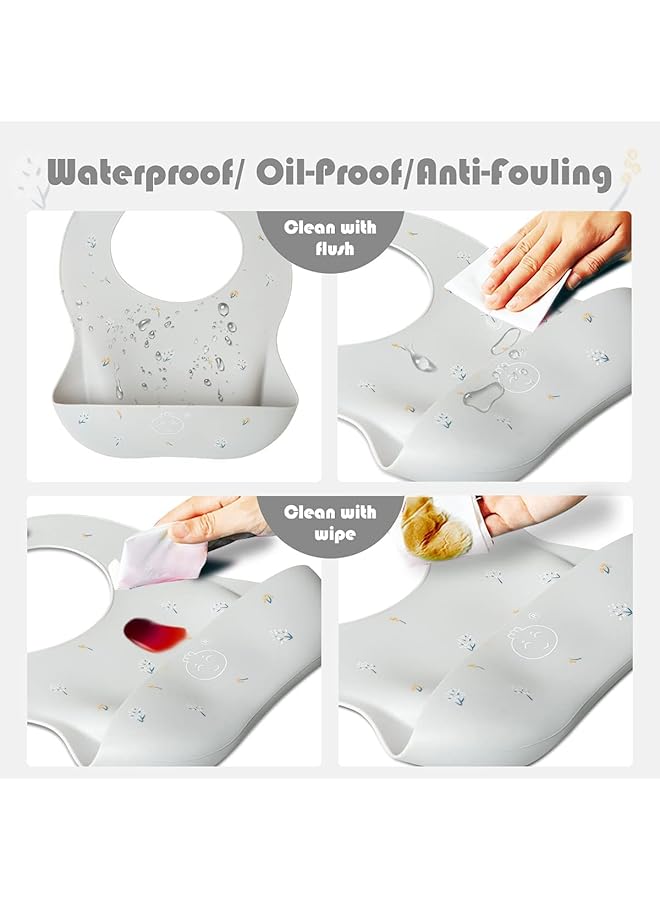 Little Dimsum Baby Bibs 2Pcs Silicone Baby Feeding Bibs Easily Adjustable And Wipe Clean Soft Waterproof Weaning Bibs Perfect Food Crumb Catcher For Babies & Toddlers (Flower Sets) - Image 3
