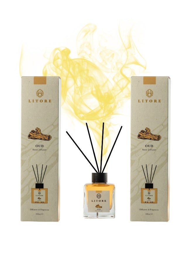 Litore Litore Reed Diffuser - Oud Fragrance, 100ml | Long-Lasting Home Fragrance | Natural & Elegant Room Diffuser-Pack of 2  - Image 1