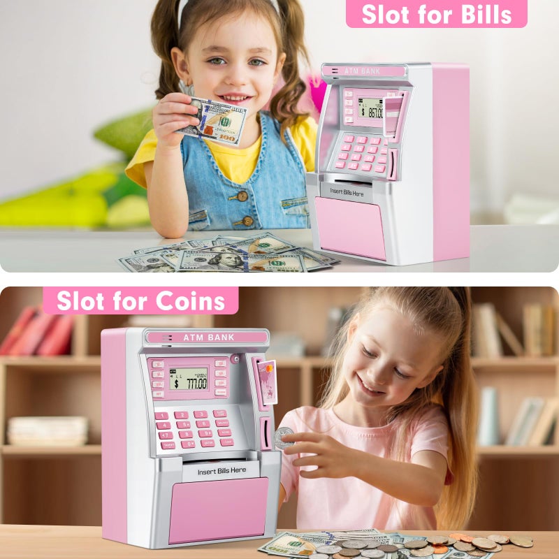 BAODLON Pink Piggy Bank for Kids, ATM Machine Bank for Real Money with Debit Card, Bill Feeder, Coin Recognition, Balance Calculator, Electronic Savings Safe Box, Cool Stuff Toys Gifts for Teen Girl - Image 4