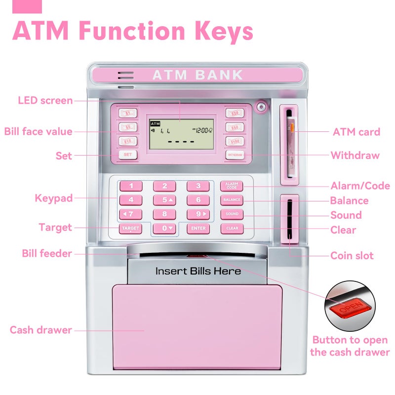 BAODLON Pink Piggy Bank for Kids, ATM Machine Bank for Real Money with Debit Card, Bill Feeder, Coin Recognition, Balance Calculator, Electronic Savings Safe Box, Cool Stuff Toys Gifts for Teen Girl - Image 2