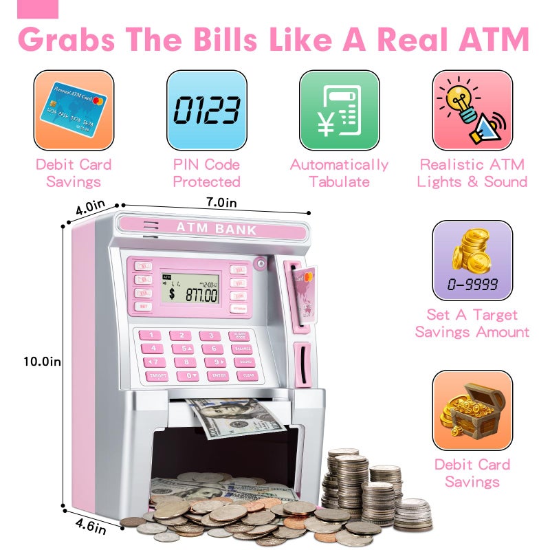 BAODLON Pink Piggy Bank for Kids, ATM Machine Bank for Real Money with Debit Card, Bill Feeder, Coin Recognition, Balance Calculator, Electronic Savings Safe Box, Cool Stuff Toys Gifts for Teen Girl - Image 3