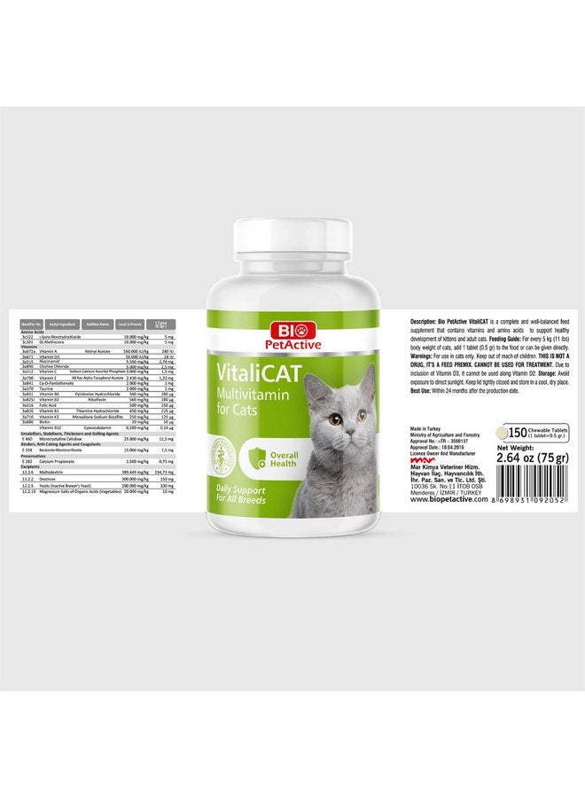 Bio Pet Active VitaliCAT Multivitamin for Cats, Skin and Coat Supplement, Cat Prenatal Health Supplies, Vitamin A + E + B9 + B5 + H + Biotin + Amino Acids for Cats, 150 Chewable Tablets - Image 2