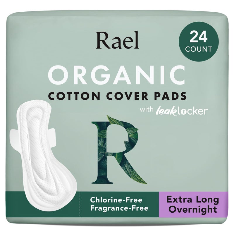 Rael Pads for Women, Organic Cotton Cover - Period Pads with Wings, Feminine Care, Sanitary Napkins, Ultimate Absorbency, Unscented, Ultra Thin (Extra Long Overnight, 24 Count) - Image 1