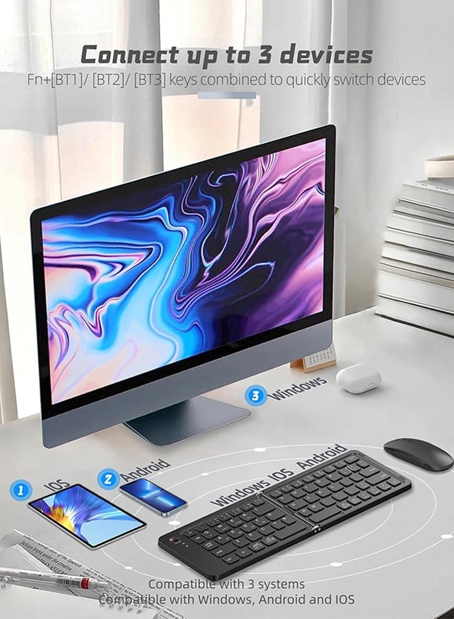 SUNDAREE لوحة مفاتيح وماوس صغيرة قابلة لإعادة الشحن وقابلة للطي بتقنية بلوتوث، محمولة (مزامنة حتى 3 أجهزة)، لوحة مفاتيح سفر فائقة النحافة قابلة للطي لأجهزة iPhone و iPad و Mac و Android و Windows و iOS (لون أبيض فضي) - Image 3
