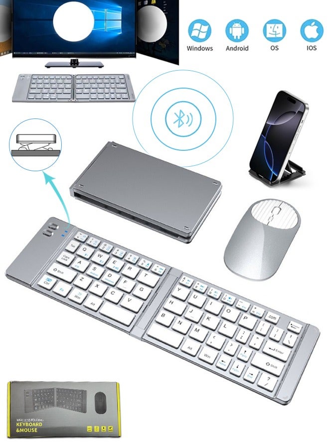 SUNDAREE لوحة مفاتيح وماوس صغيرة قابلة لإعادة الشحن وقابلة للطي بتقنية بلوتوث، محمولة (مزامنة حتى 3 أجهزة)، لوحة مفاتيح سفر فائقة النحافة قابلة للطي لأجهزة iPhone و iPad و Mac و Android و Windows و iOS (لون أبيض فضي) - Image 1