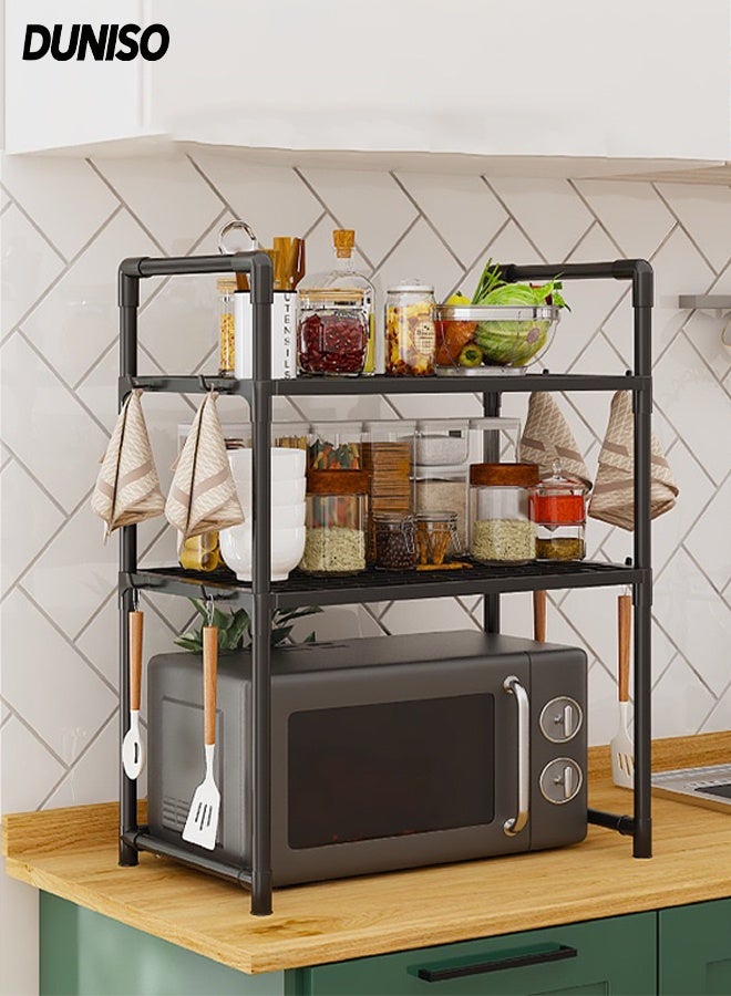 DUNISO 3-Tier Kitchen Storage Rack with Side Hooks , Multifunctional Microwave oven rack,Countertop Rack Organizer with Non-Slip Feet, for Spices, Pots and Pans(Black) - Image 1