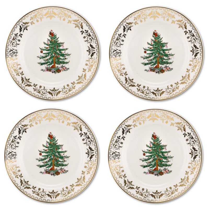 Spode Christmas Tree Gold Salad Plate (Set of 4) â€“ 8-Inch Porcelain Dinner & Appetizer, Christmas Dinnerware & Holiday Tableware, Microwave & Dishwasher Safe, Festive Seasonal Dining Plate - Image 1