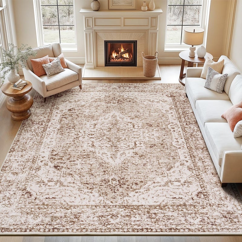 Lofus 8x10 Area Rugs for Living Room, Washable Area Rug, Rugs for Bedroom, Kitchen, Vintage Boho Carpet, Soft Non-Slip, Low Pile Large Area Rug for Office Dining Room, Vintage Beige Brown - Image 1