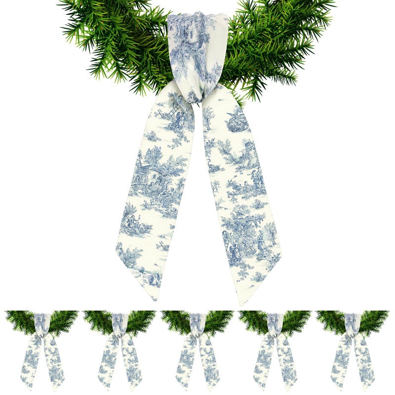 XunYee 6 Pcs Wreath Sash for Front Door Blue and White Wreath Sash for Embroidery Monogram Garland Decor Wedding Spring Valentine Day Yard Indoor Outdoor Wall Cabinet Kitchen(Toile De Jouy) - Image 1