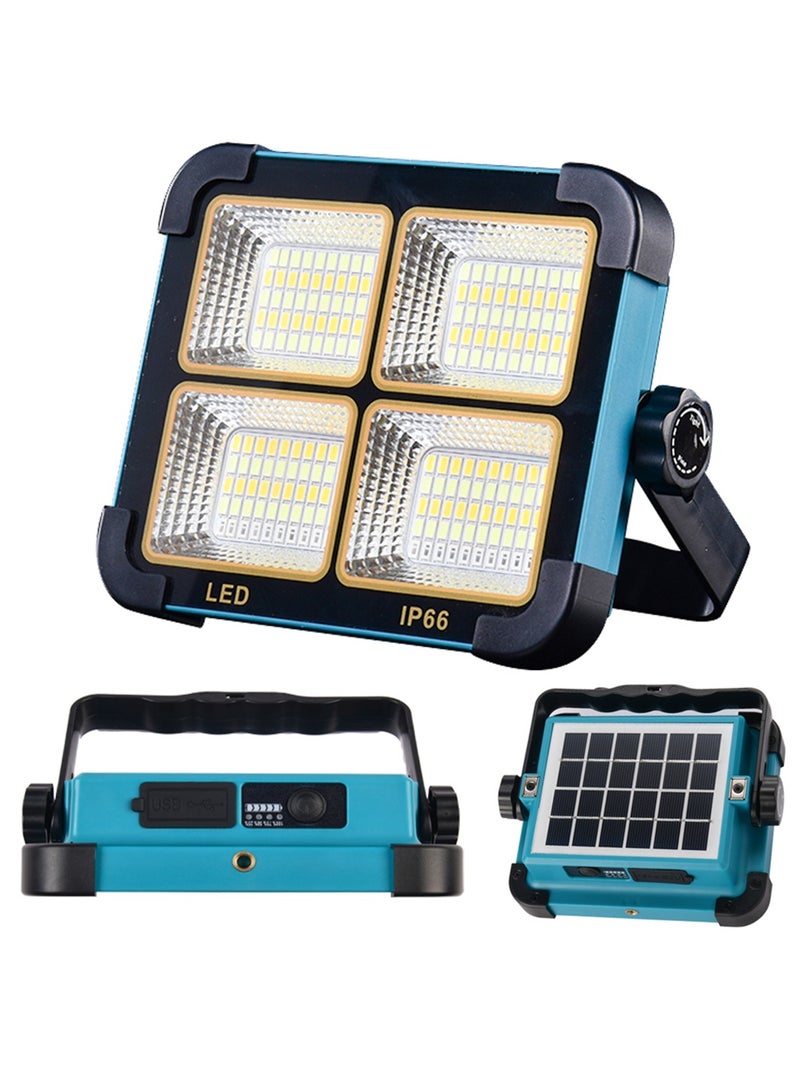 TEXEEM Solar LED Work Light, 4000LM Portable Floodlight with 4 Panels, IP44 Waterproof, USB Rechargeable, 180° Adjustable Bracket, Blue and Black for Construction, Camping, Emergency - Image 1
