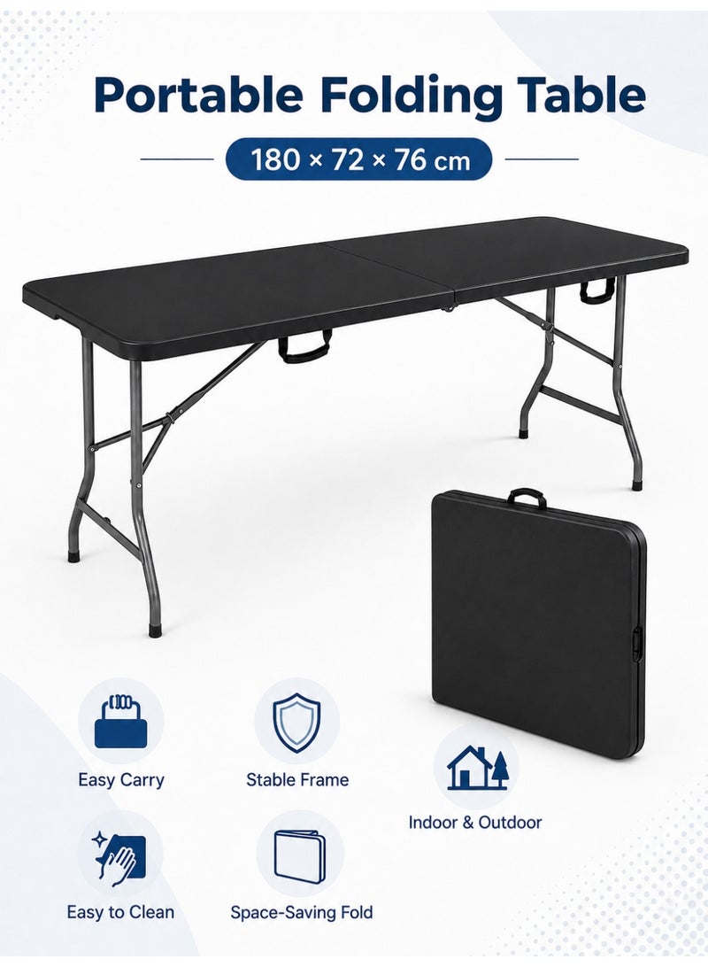 EGG PRO Portable Folding Camping Table, 180x72x76 cm, Black, Lightweight with Steel Legs, Waterproof Surface, for Indoor/Outdoor Use - Image 1