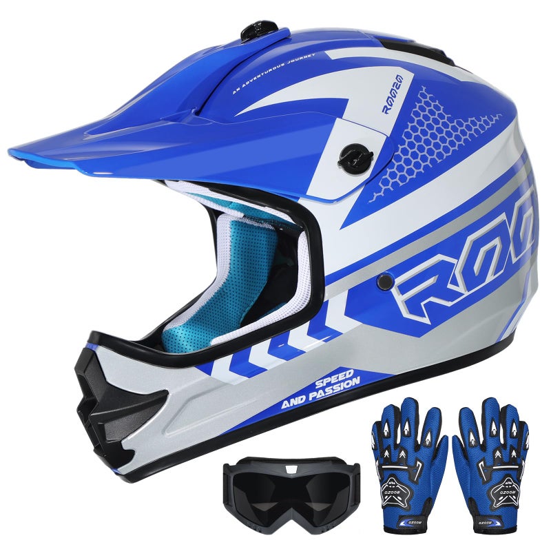 ROOZO Youth Kids Dirt Bike Helmet DOT Certified - Full Face Motorcycle Helmet for Off-Road, ATV, Street Riding, Includes Adjustable Goggles & Protective Gloves - Image 1