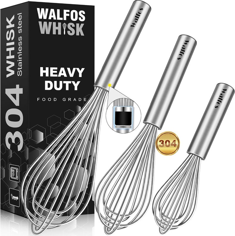 Walfos خفاقة ® 3 قطع، خفاقة غير قابلة للصدأ 304، فولاذ مقاوم للصدأ، مقاومة للحرارة حتى 600°F، خفاقة كروية 18 سم، 23 سم، 28 سم لخلط صلصات السلطة أو لخفق البيض، فضية - Image 1