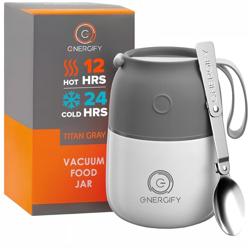 Energify Vacuum Insulated 12oz Titan Gray Thermos with Folding Spoon and Carry Case BPAFree Meal Holder